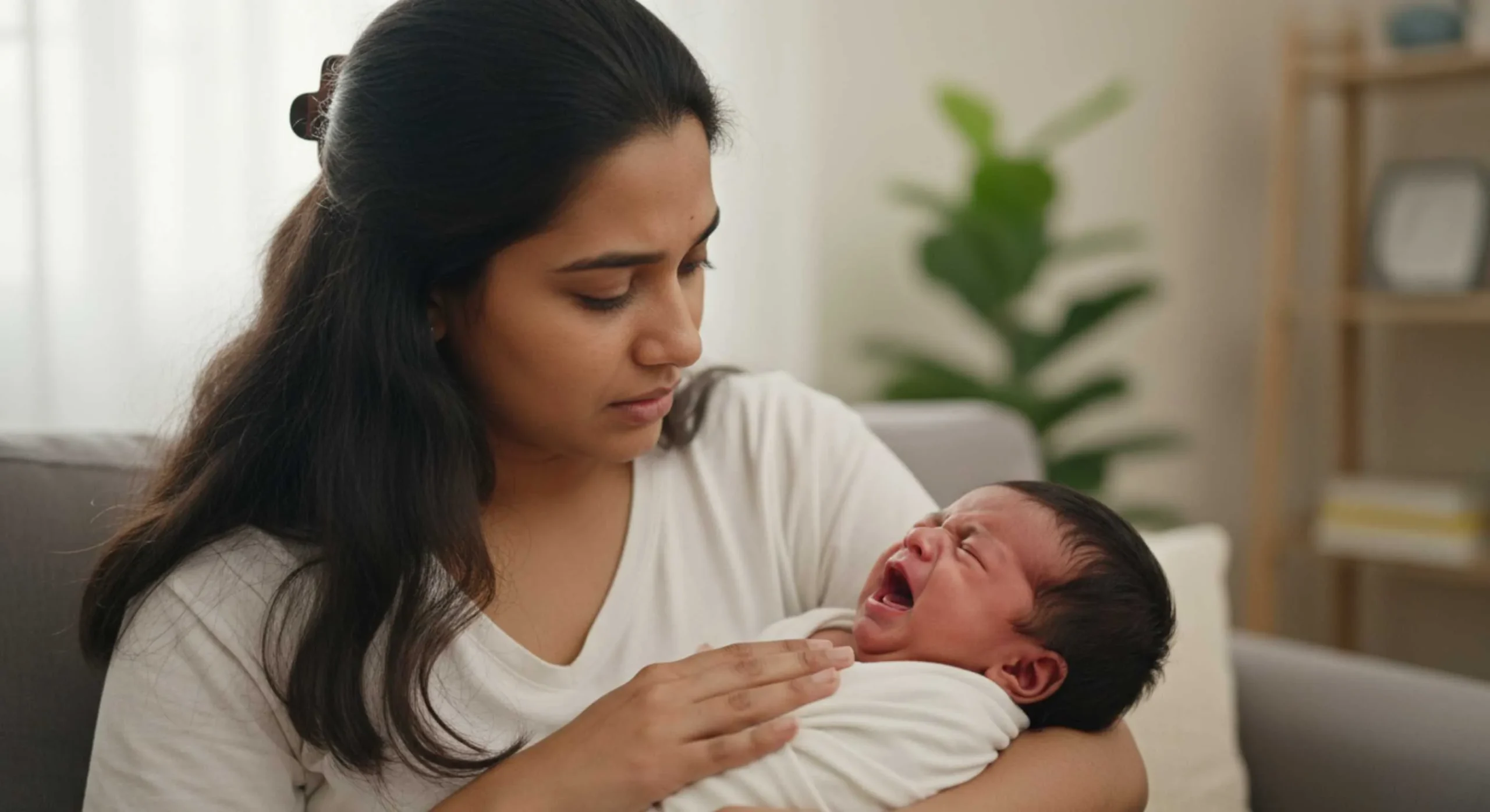 Indian newborn baby crying due to colic discomfort while mother tries to comfort